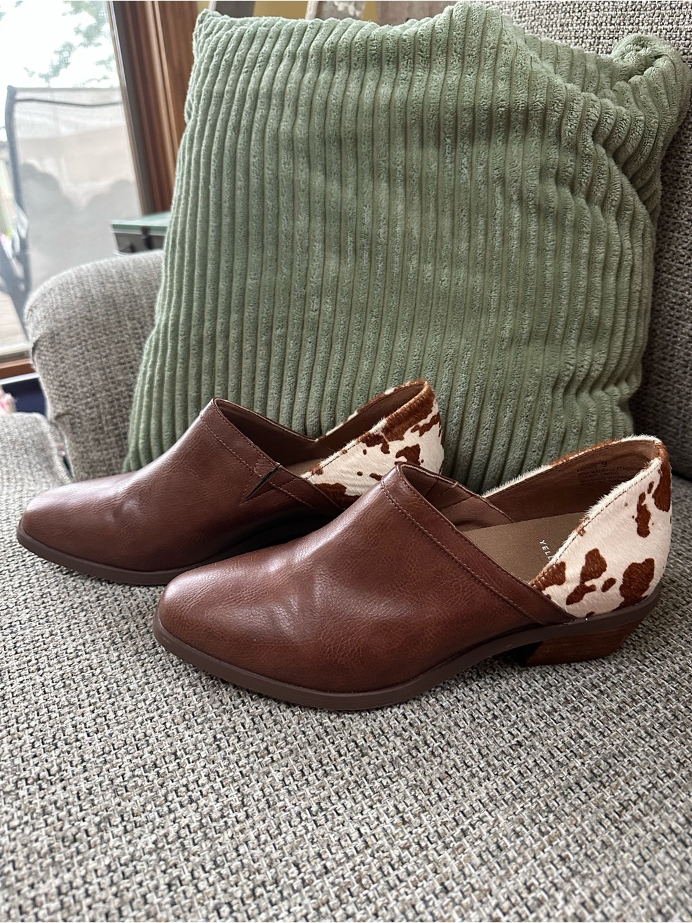Yellow Box Brown Leather Slip-On Mules with Cowhide Accent